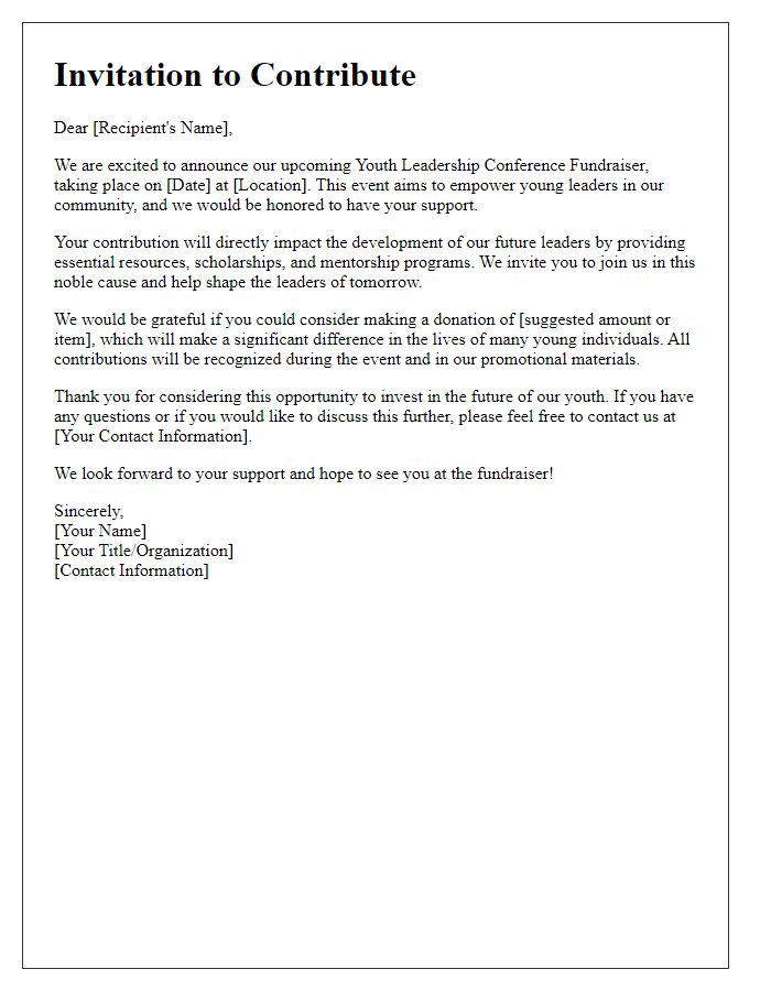 Letter template of invitation to contribute to youth leadership conference fundraiser