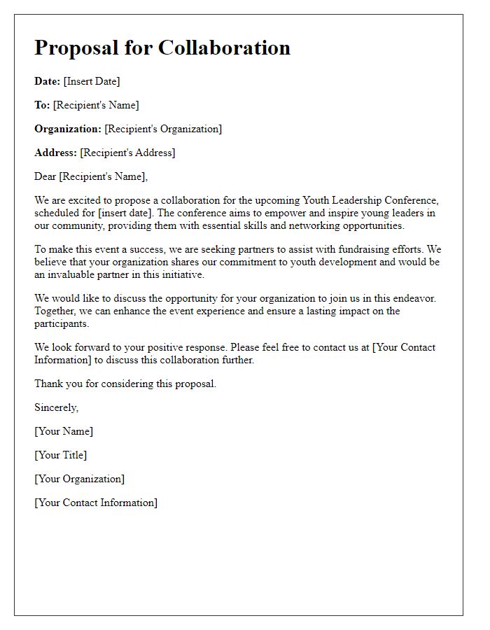 Letter template of proposal for youth leadership conference fundraiser collaboration