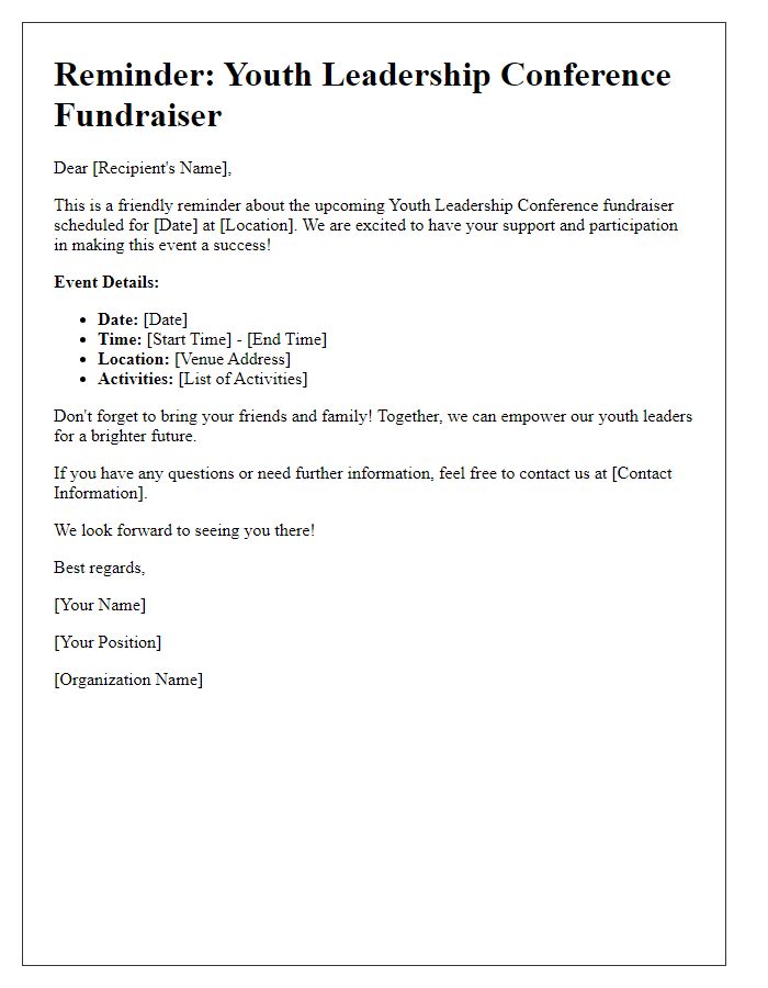 Letter template of reminder for upcoming youth leadership conference fundraiser events