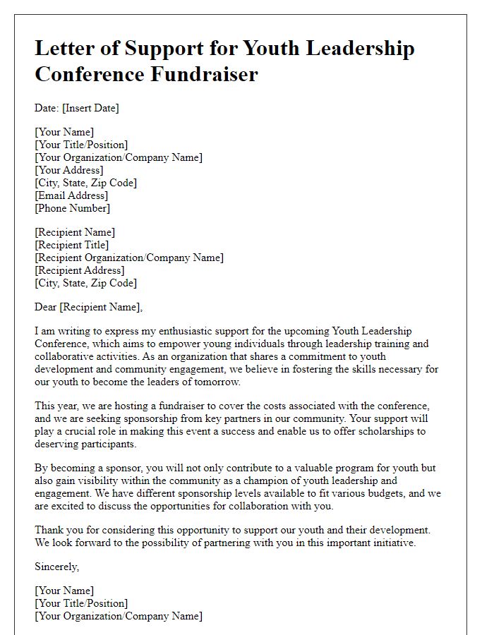 Letter template of support for youth leadership conference fundraiser sponsorship