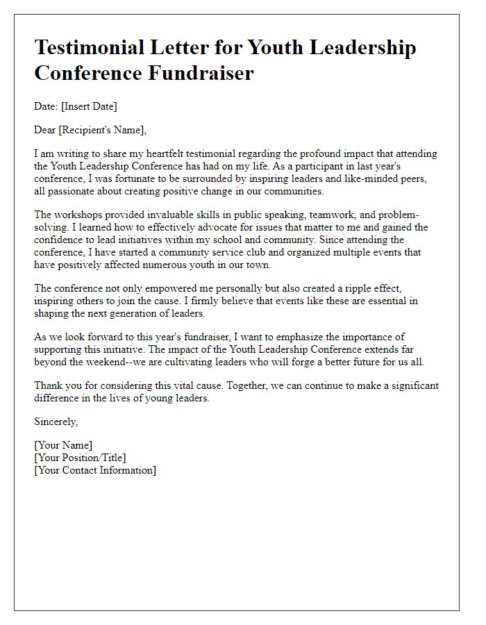 Letter template of testimonials and impact for youth leadership conference fundraiser