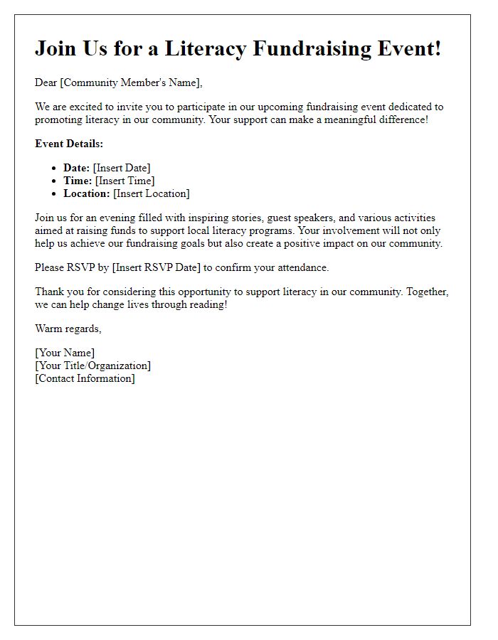 Letter template of community involvement invitation for literacy fundraising.