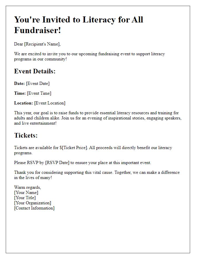 Letter template of event invitation for fundraising for literacy programs.