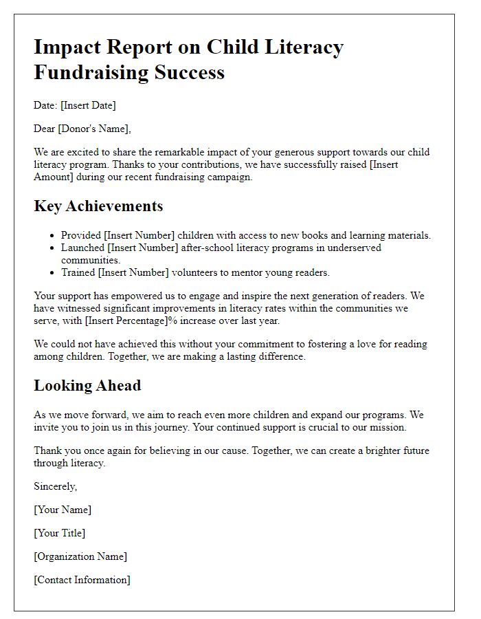 Letter template of impact report showcasing child literacy fundraising success.