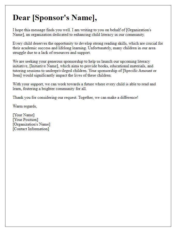 Letter template of sponsorship appeal for child literacy initiatives.