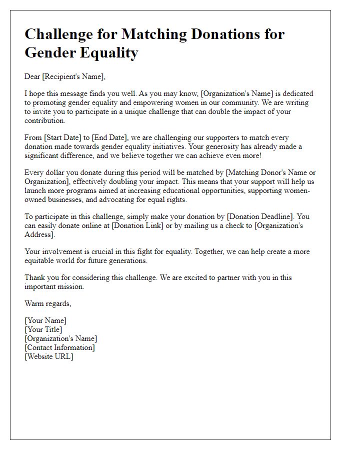 Letter template of challenge for matching donations for gender equality