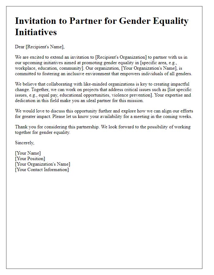 Letter template of partnership invitation for gender equality initiatives