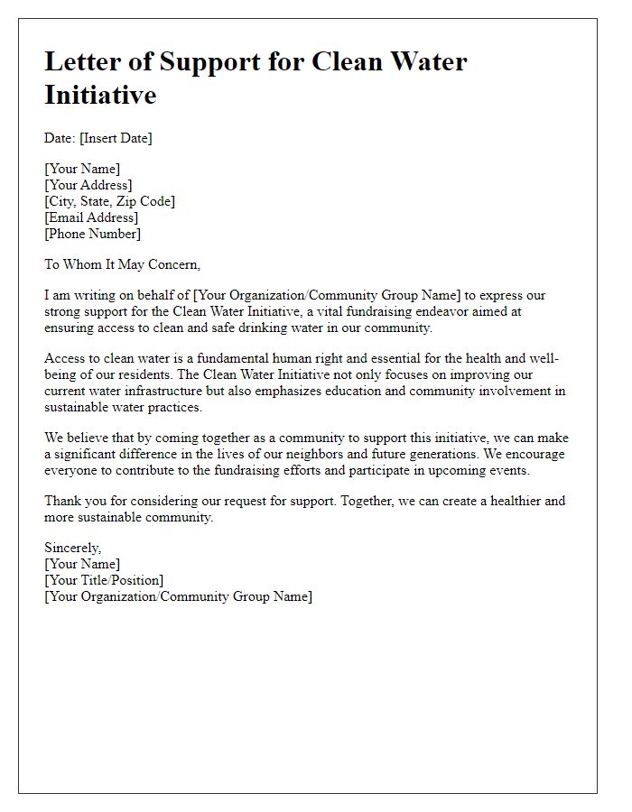 Letter template of community support for clean water initiative fundraising