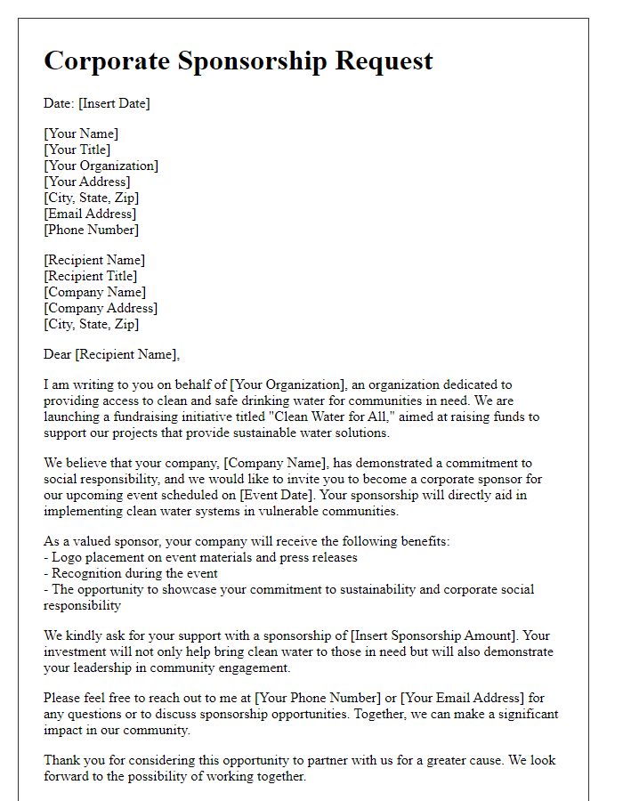 Letter template of corporate sponsorship request for clean water initiative fundraising