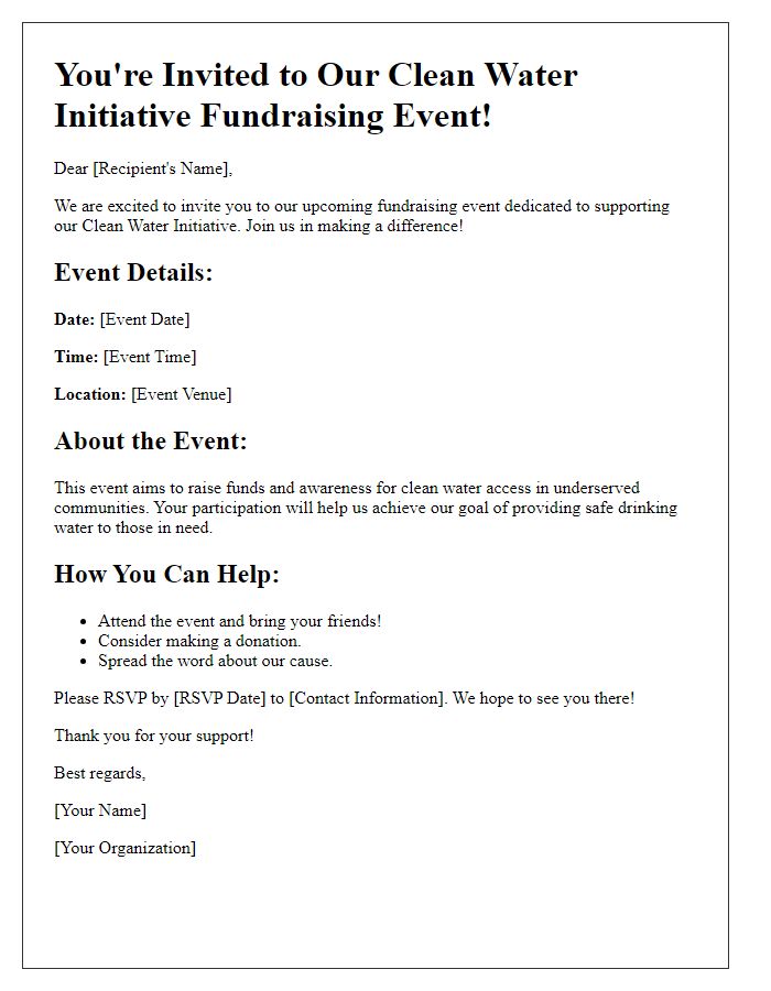 Letter template of event invitation for clean water initiative fundraising