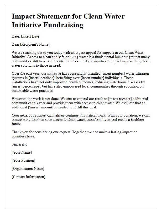 Letter template of impact statement for clean water initiative fundraising