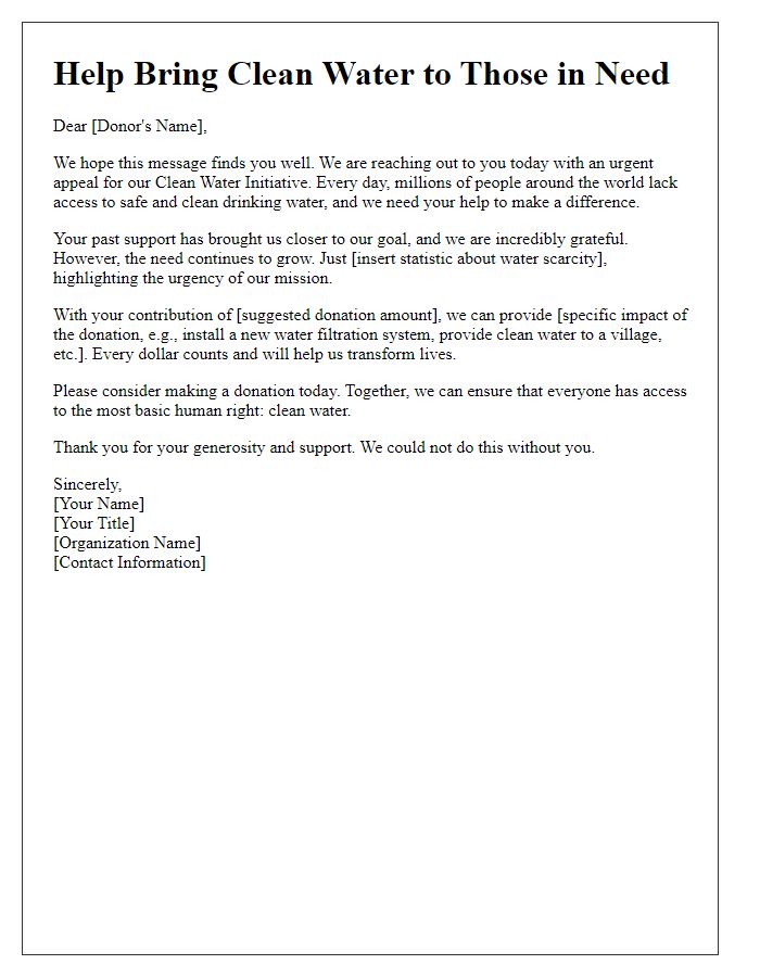 Letter template of individual donor appeal for clean water initiative fundraising