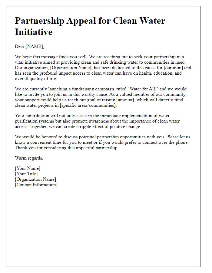 Letter template of partnership appeal for clean water initiative fundraising