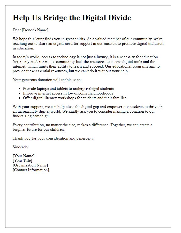 Letter template of digital inclusion fundraising appeal for educational programs.