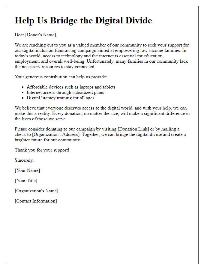 Letter template of digital inclusion fundraising campaign for low-income families.