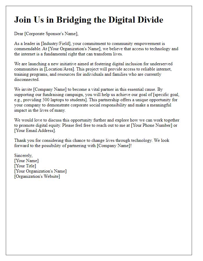 Letter template of digital inclusion fundraising communication targeting corporate sponsors.