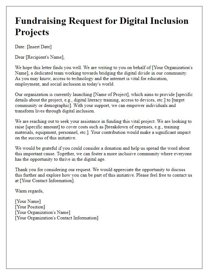 Letter template of digital inclusion fundraising request for community projects.