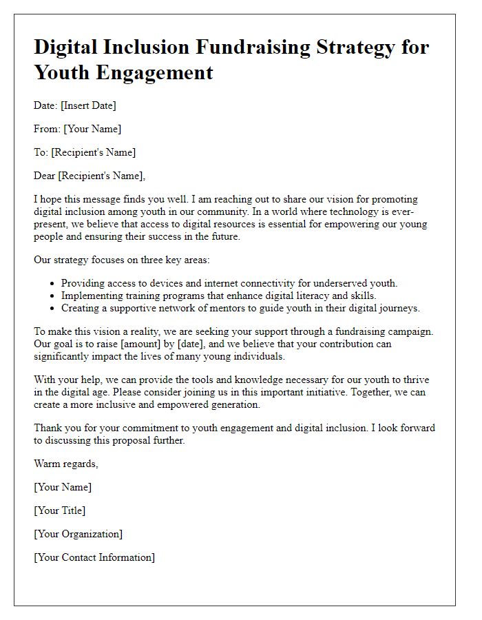 Letter template of digital inclusion fundraising strategy for youth engagement.