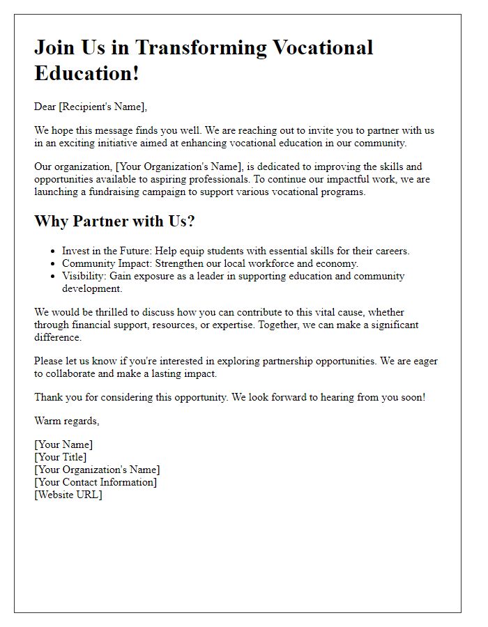 Letter template of call for partners in vocational education fundraising