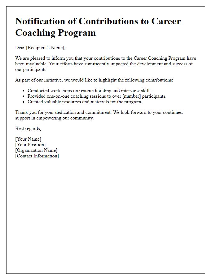 Letter template of notification for career coaching program contributions