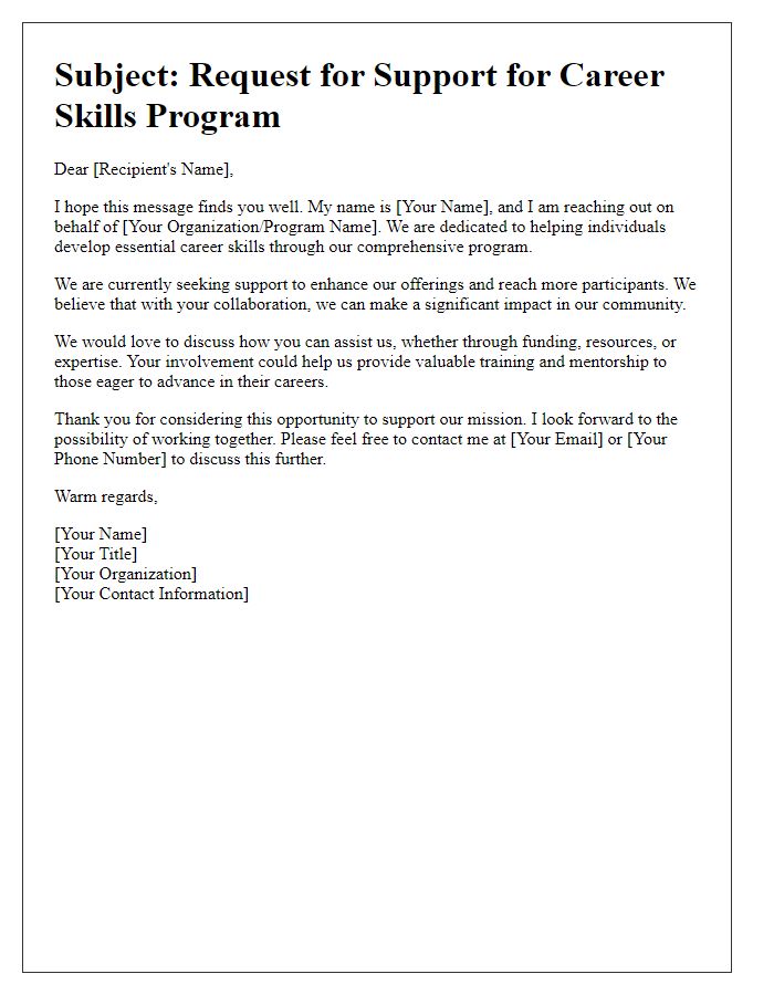 Letter template of outreach for career skills program support