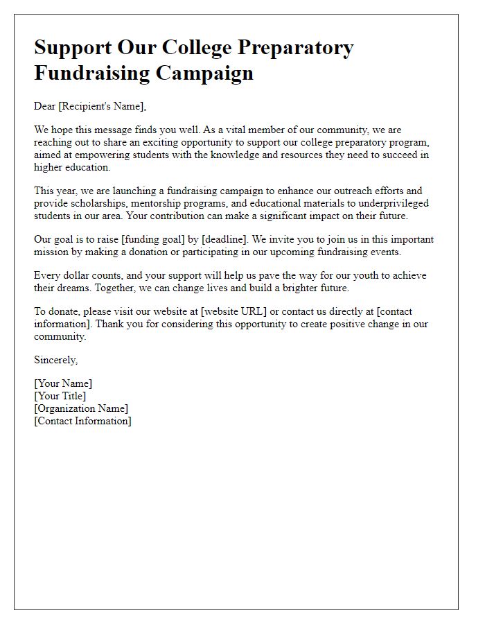 Letter template of college preparatory fundraising campaign for community outreach.