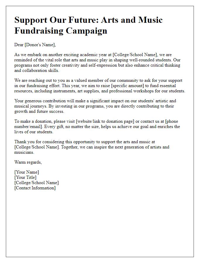 Letter template of college preparatory fundraising effort for arts and music programs.