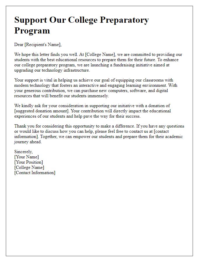 Letter template of college preparatory fundraising initiative for technology upgrades.