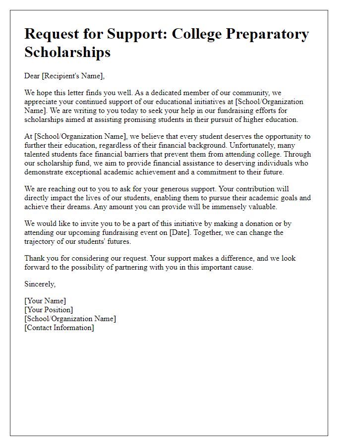 Letter template of college preparatory fundraising request for scholarships.