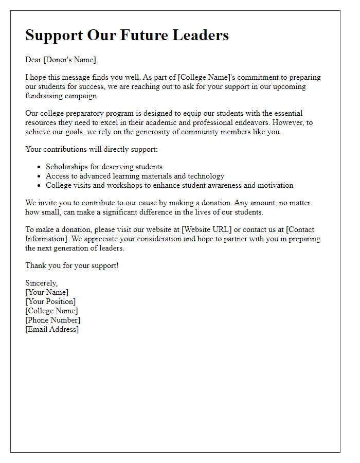 Letter template of college preparatory fundraising solicitation for student resources.