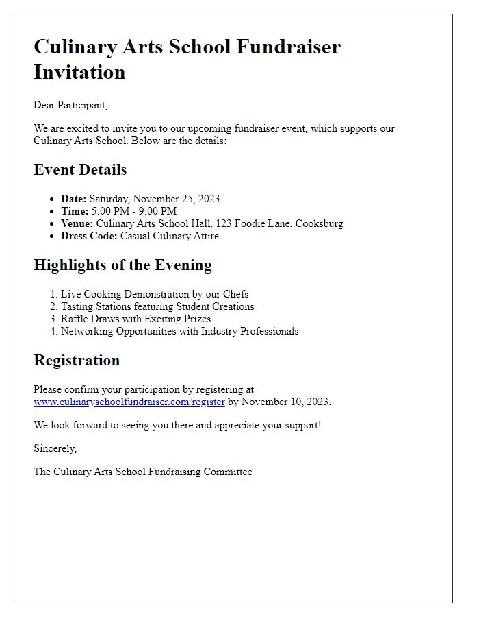 Letter template of event details for culinary arts school fundraiser participants.