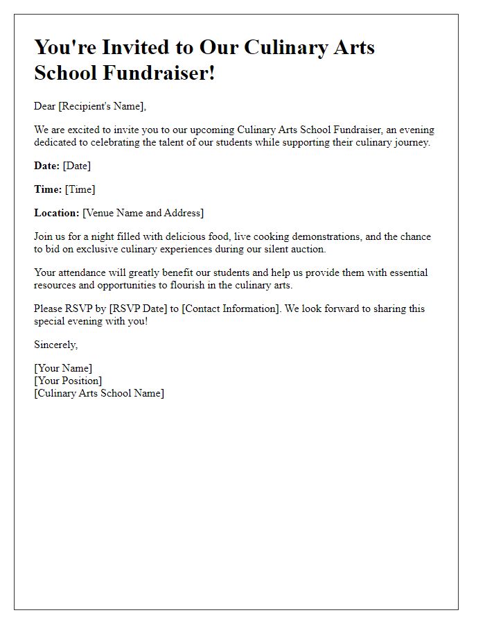 Letter template of invitation for culinary arts school fundraiser event.