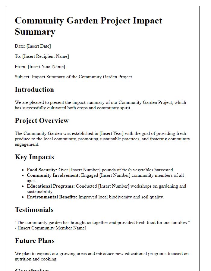 Letter template of community garden project impact summary