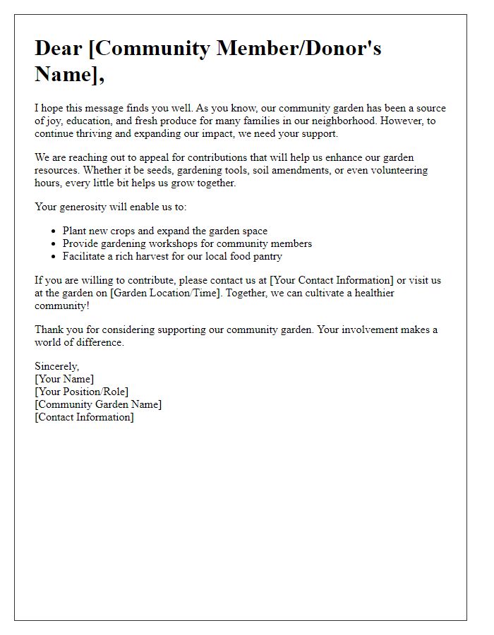 Letter template of community garden resource contribution appeal