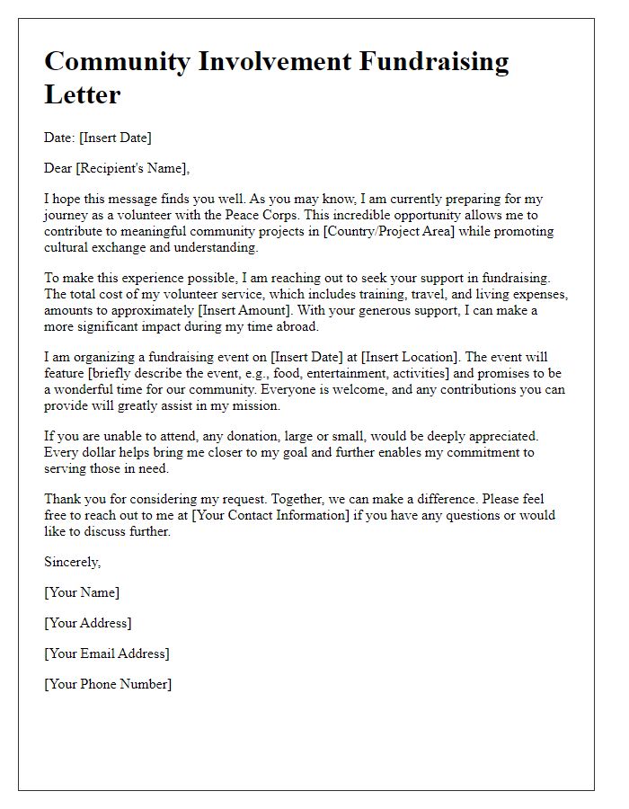 Letter template of community involvement in Peace Corps volunteer fundraising.