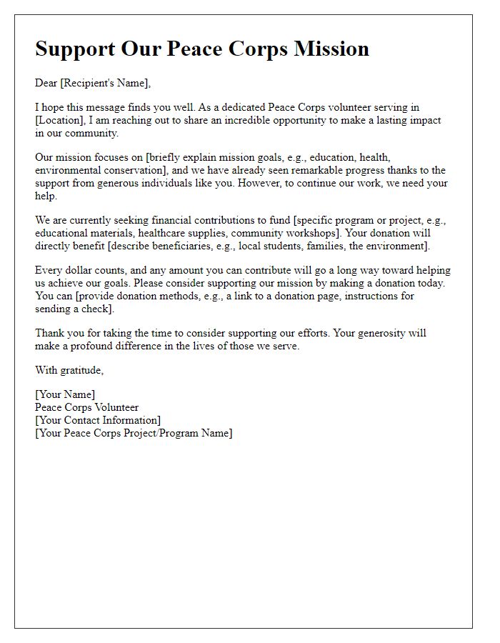 Letter template of donation solicitation for Peace Corps volunteer missions.