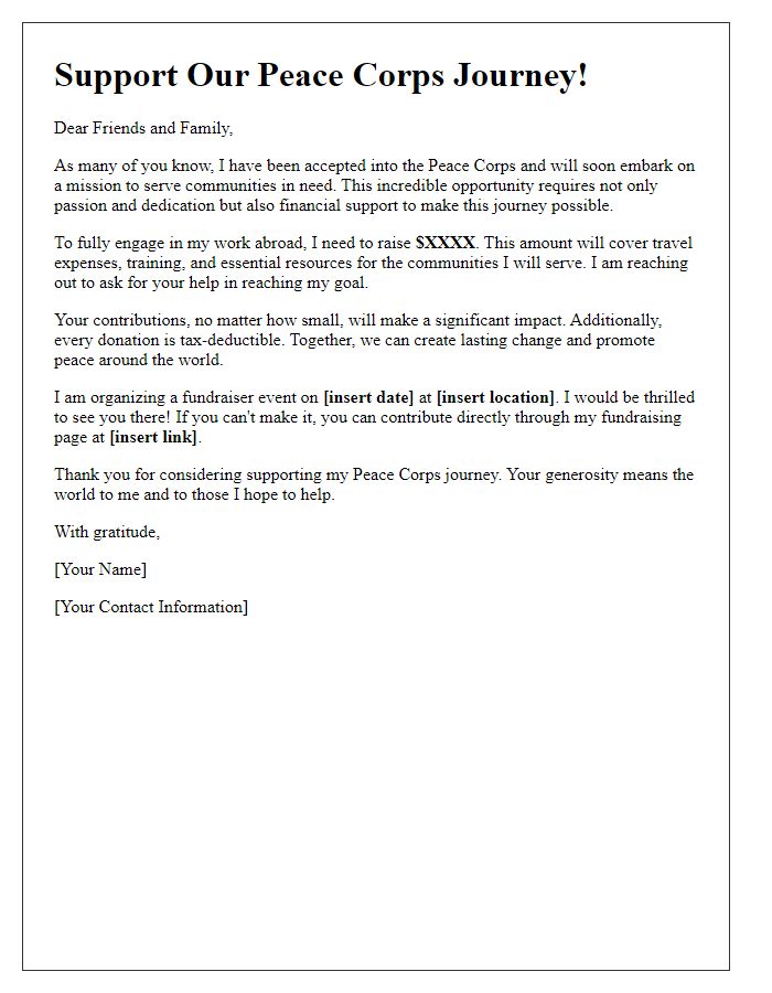 Letter template of fundraising initiative for Peace Corps participants.