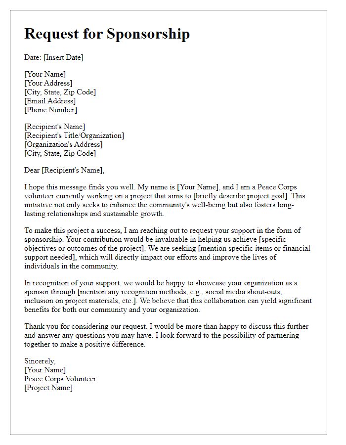 Letter template of sponsorship request for Peace Corps volunteer projects.