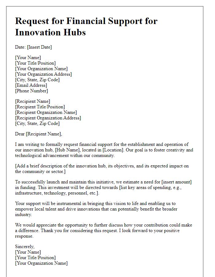 Letter template of financial support request for innovation hubs