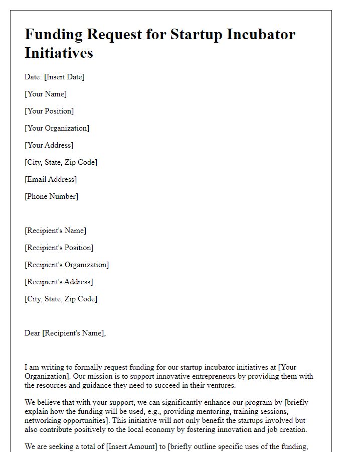 Letter template of funding request for startup incubator initiatives