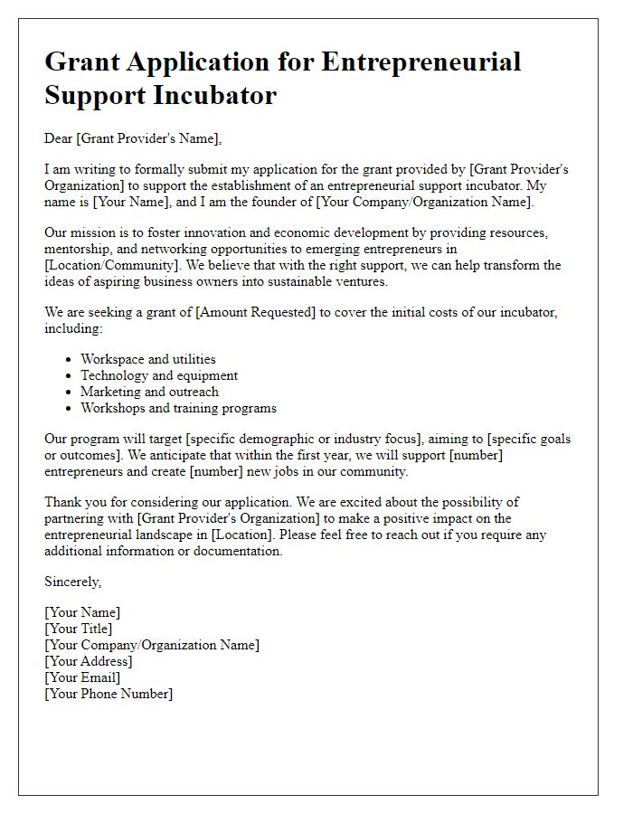 Letter template of grant application for entrepreneurial support incubators