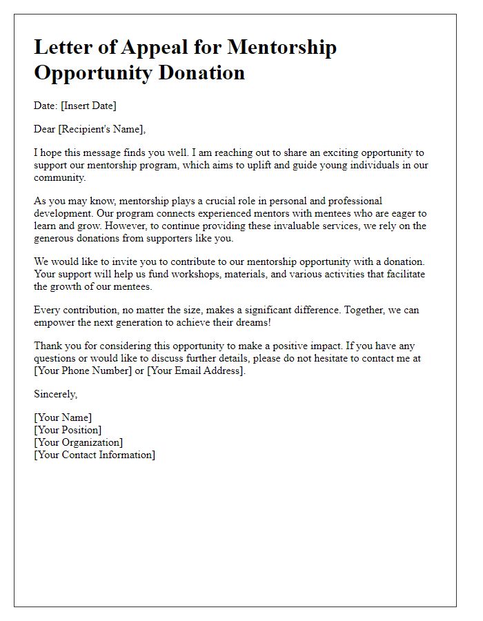 Letter template of mentorship opportunity donation appeal