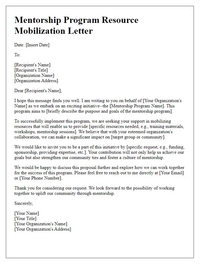 Letter template of mentorship program resource mobilization letter