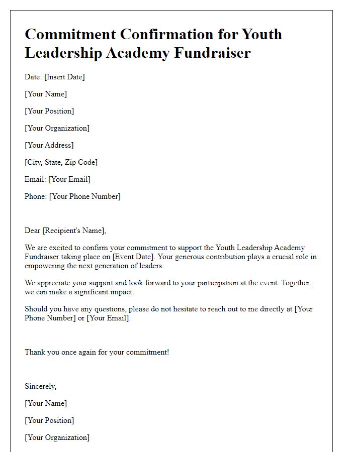 Letter template of commitment confirmation for the youth leadership academy fundraiser