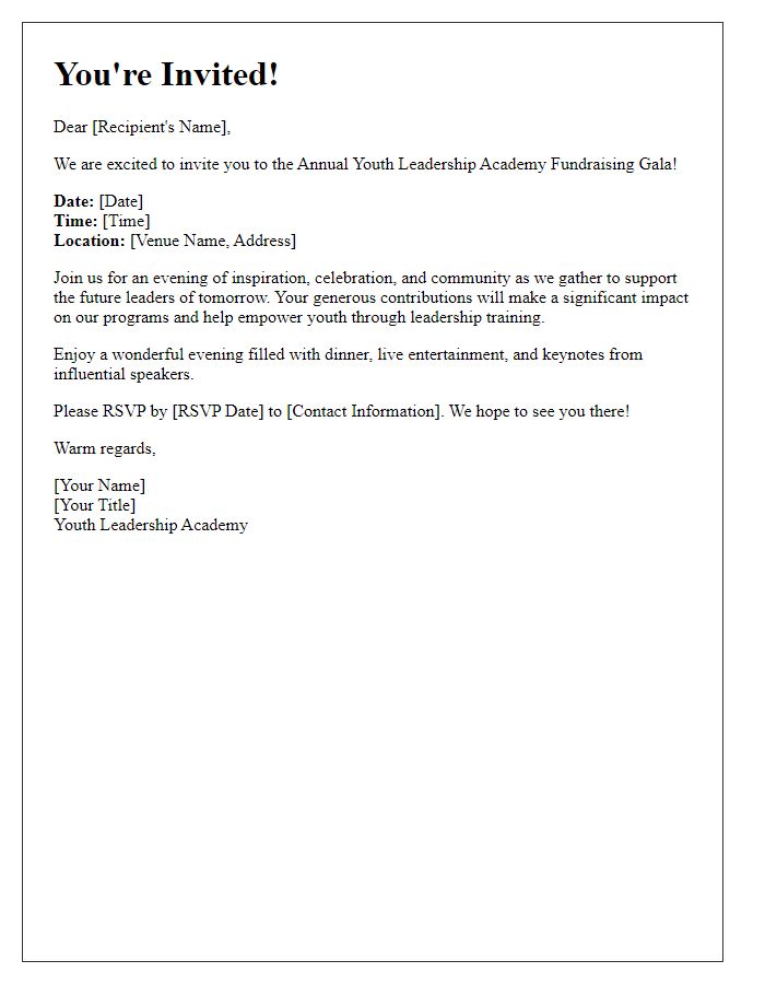 Letter template of invitation to the youth leadership academy fundraising gala