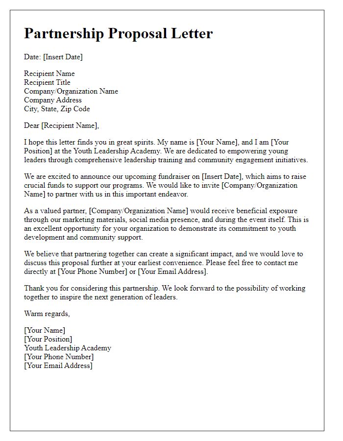 Letter template of partnership proposal for the youth leadership academy fundraiser