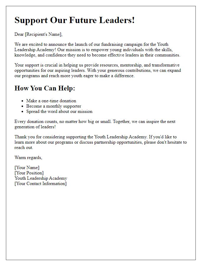 Letter template of promotional outreach for the youth leadership academy fundraising campaign