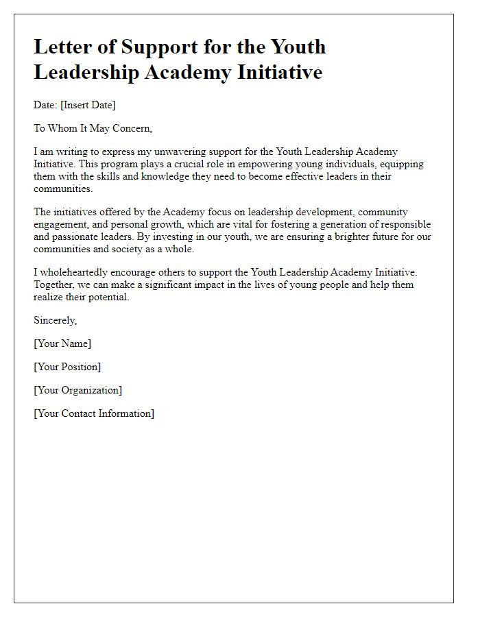 Letter template of support for the youth leadership academy initiative