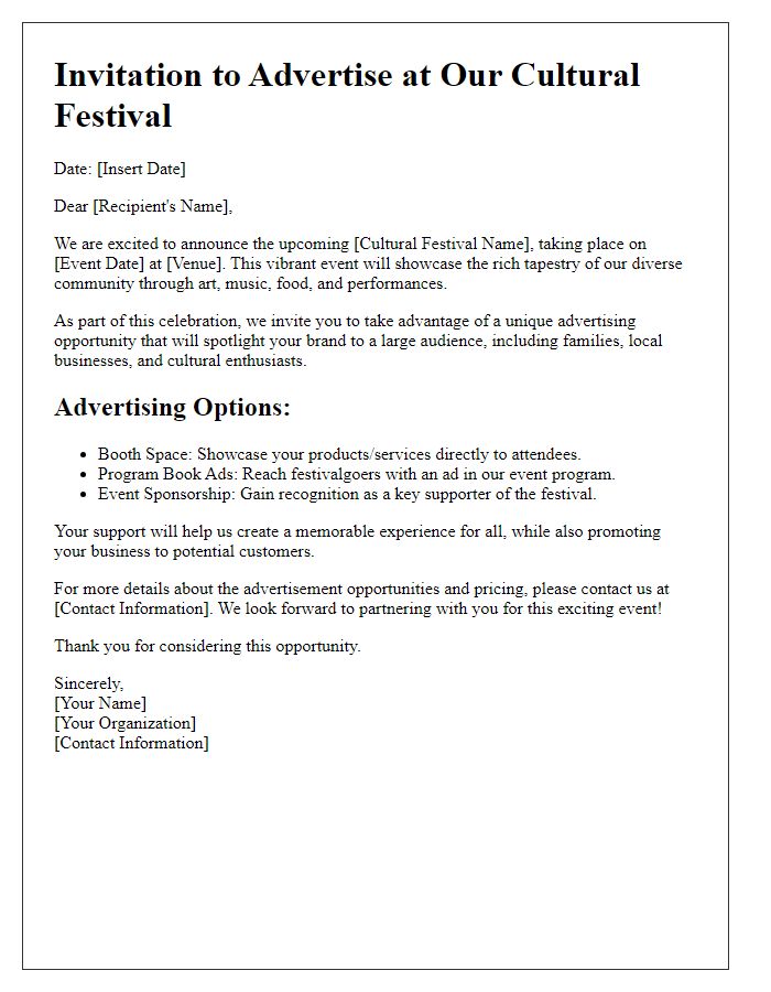 Letter template of cultural festival fundraiser advertisement opportunity offer