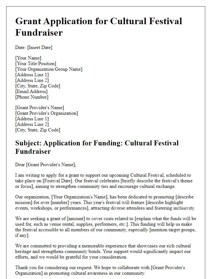 Letter template of cultural festival fundraiser grant application